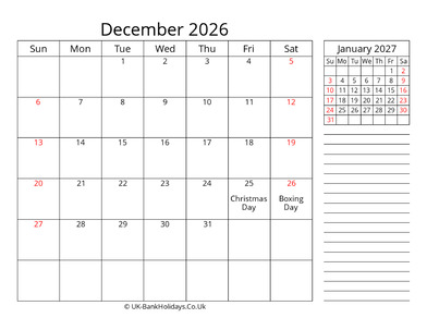 december 2026 uk calendar template