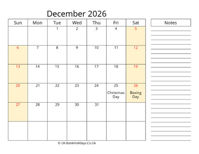 december 2026 uk calendar that work
