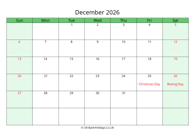 december 2026 uk calendar to print