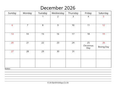 december 2026 uk calendar with notes
