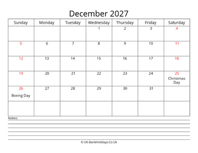 december 2027 uk calendar with notes