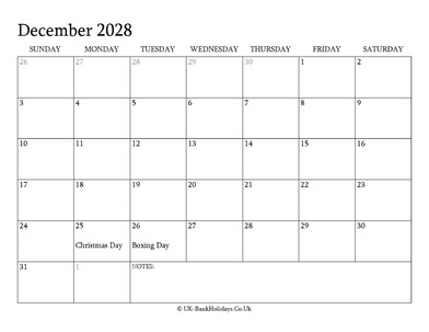 december 2028 editable uk calendar with holidays