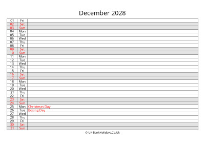 december 2028 monthly uk calendar free