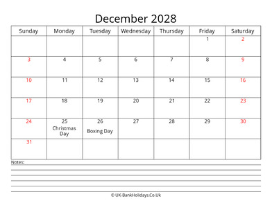 december 2028 uk calendar with notes