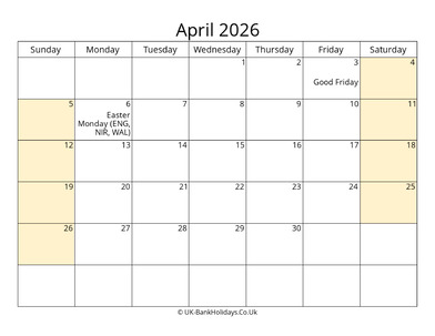 Editable April 2026 Calendar