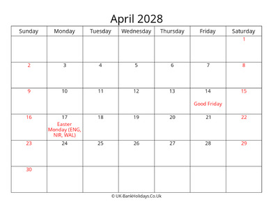 editable april 2028 monthly uk calendar