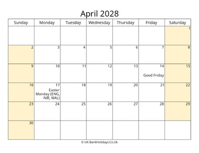 Editable April 2028 Calendar