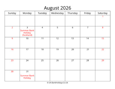 editable august 2026 monthly uk calendar