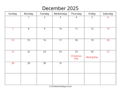 editable december 2025 monthly uk calendar