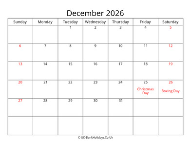 editable december 2026 monthly uk calendar