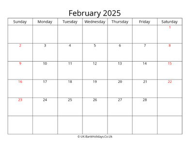 editable february 2025 monthly uk calendar