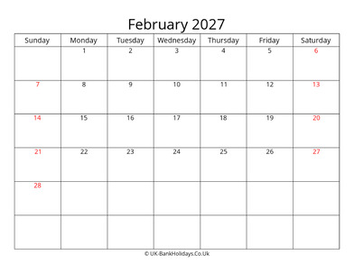 editable february 2027 monthly uk calendar