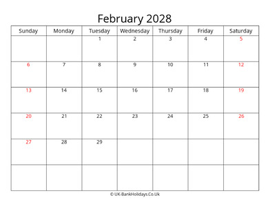 editable february 2028 monthly uk calendar