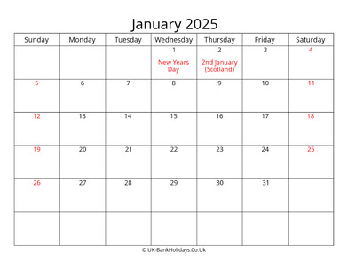 editable january 2025 monthly uk calendar