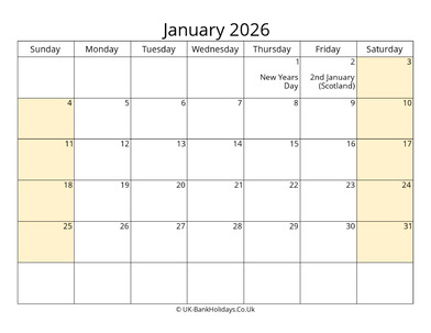 Editable January 2026 Calendar