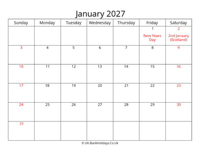 editable january 2027 monthly uk calendar