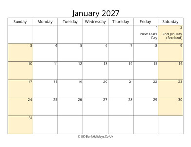 Editable January 2027 Calendar