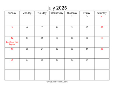 editable july 2026 monthly uk calendar