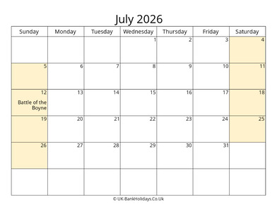 Editable July 2026 Calendar