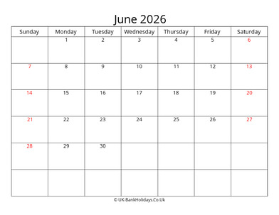 editable june 2026 monthly uk calendar