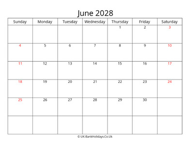 editable june 2028 monthly uk calendar