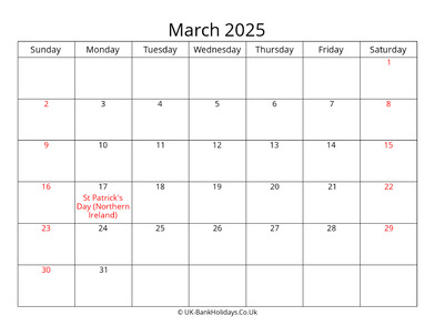 editable march 2025 monthly uk calendar