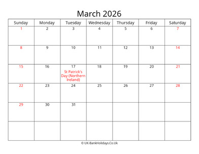 editable march 2026 monthly uk calendar