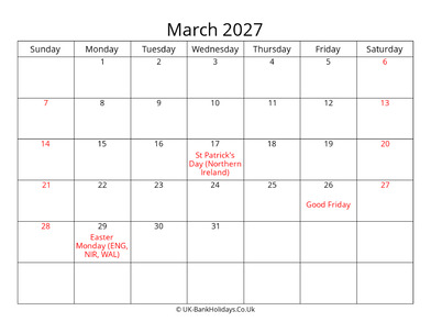 editable march 2027 monthly uk calendar