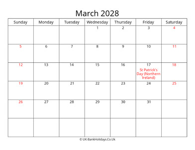 editable march 2028 monthly uk calendar