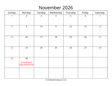 editable november 2026 monthly uk calendar