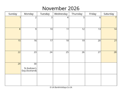Editable November 2026 Calendar