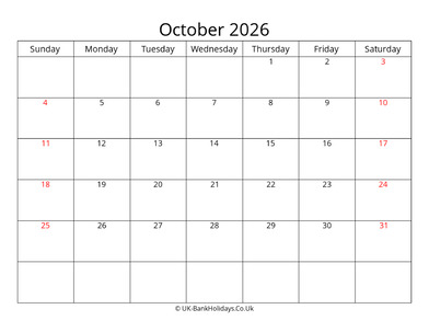 editable october 2026 monthly uk calendar