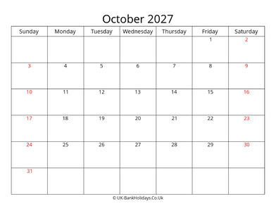editable october 2027 monthly uk calendar