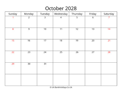 editable october 2028 monthly uk calendar