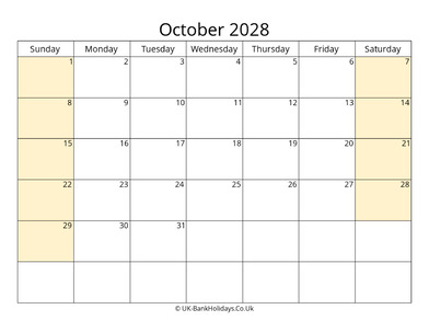 Editable October 2028 Calendar