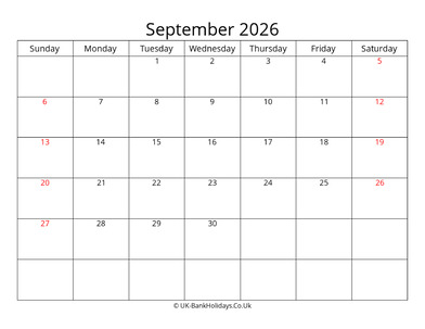 editable september 2026 monthly uk calendar