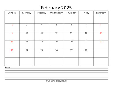 february 2025 uk calendar with notes