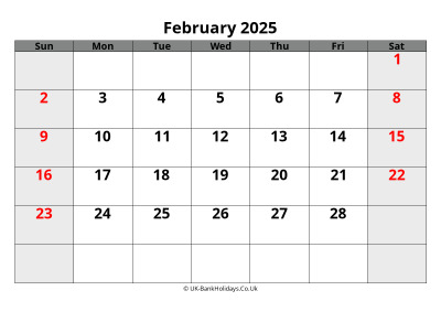 february 2025 word uk calendar