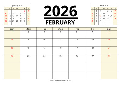 February 2026 Printable UK Calendar