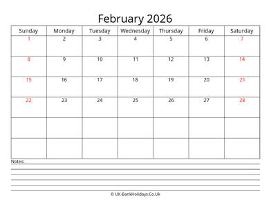 February 2026 Calendar with Notes