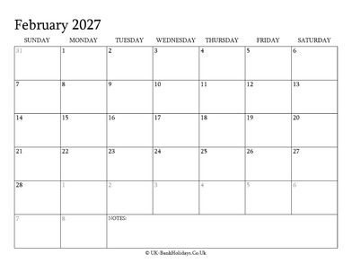 february 2027 editable uk calendar with holidays
