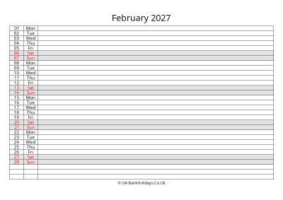 february 2027 monthly uk calendar free
