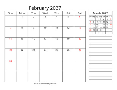february 2027 uk calendar template