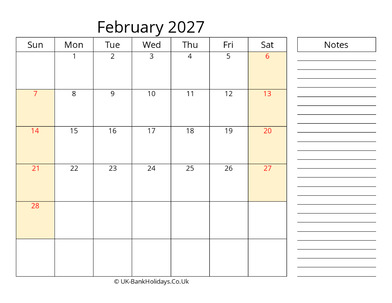 february 2027 uk calendar that work