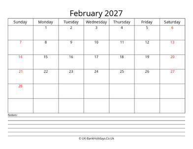 february 2027 uk calendar with notes