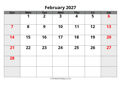 february 2027 word uk calendar