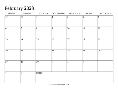 february 2028 editable uk calendar with holidays