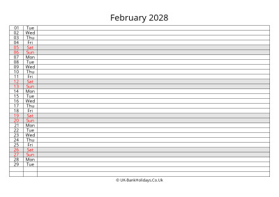 february 2028 monthly uk calendar free