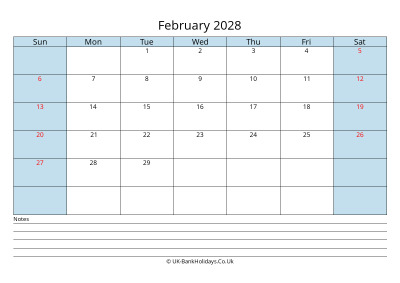 2028 February Calendar with Notes