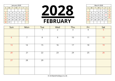 february 2028 printable uk calendar